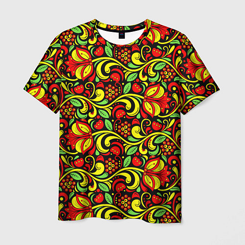 Мужская футболка Хохломская роспись красные цветы и ягоды / 3D-принт – фото 1