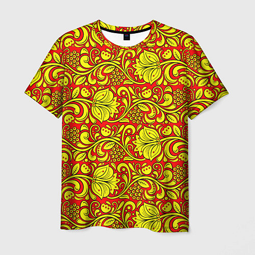 Мужская футболка Хохломская роспись золотистые цветы и ягоды на кра / 3D-принт – фото 1