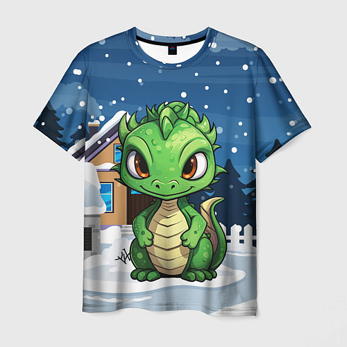 Мужская футболка Маленький зеленый новогодний дракон на фоне снега / 3D-принт – фото 1