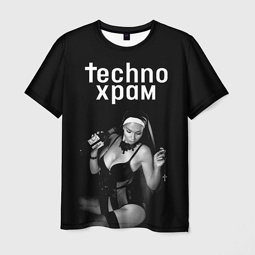 Мужская футболка Techno храм монашка с бутылкой / 3D-принт – фото 1