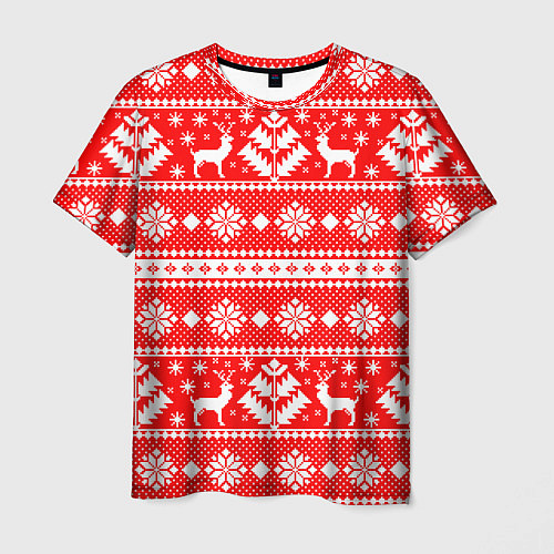 Мужская футболка Новый год ели и олени на красном фоне / 3D-принт – фото 1