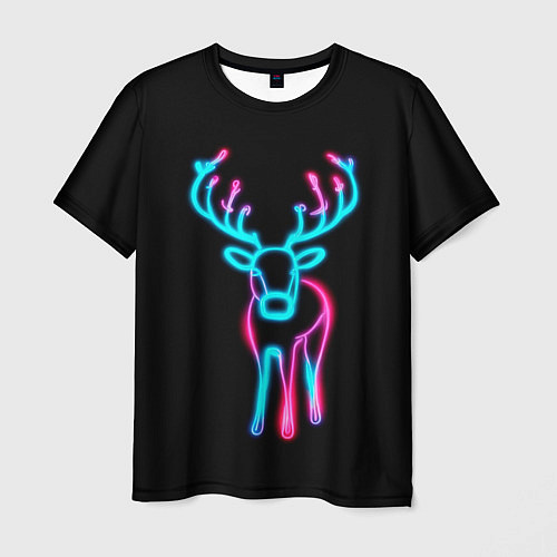 Мужская футболка Неоновый олень на чёрном фоне / 3D-принт – фото 1