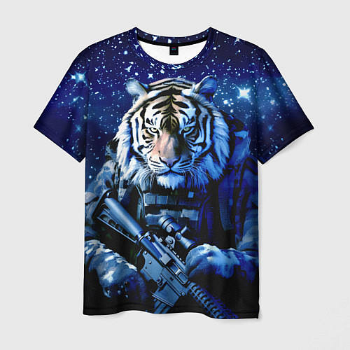 Мужская футболка Тигр солдат снег и звезды / 3D-принт – фото 1