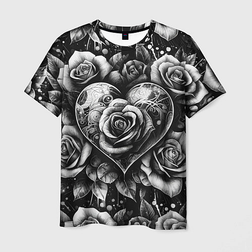 Мужская футболка Черно белое сердце и розы / 3D-принт – фото 1