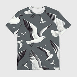 Мужская футболка Белый силуэт Чайки на сером - морской паттерн