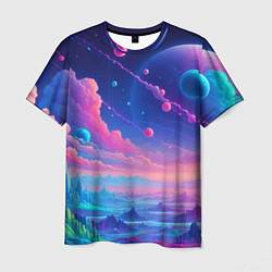 Мужская футболка Fantastic space landscape - neon glow