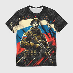 Футболка мужская Русский солдат на фоне флага России, цвет: 3D-принт