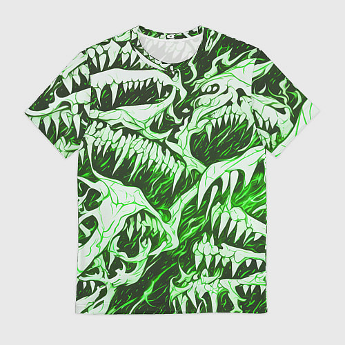 Мужская футболка Белые клыки на зелёном фоне / 3D-принт – фото 1