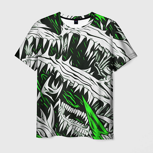 Мужская футболка Белые шипы и зелёные полосы на чёрном фоне / 3D-принт – фото 1