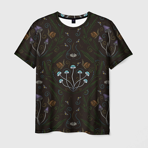 Мужская футболка Волшебный лес, грибы, улитки и мотыльки - паттерн / 3D-принт – фото 1