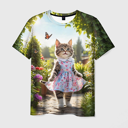 Мужская футболка Кошка в летнем платье в саду / 3D-принт – фото 1