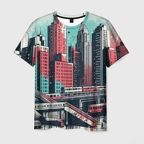 Мужская футболка Силуэты небоскребов в брызгах красной и голубой кр / 3D-принт – фото 1