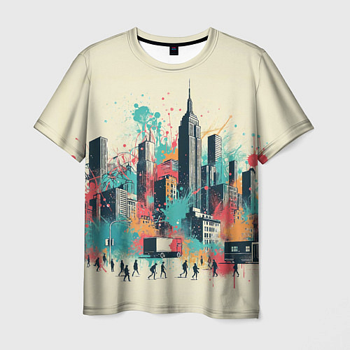 Мужская футболка Силуэты людей и небоскребов в брызгах краски / 3D-принт – фото 1
