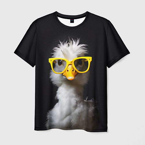 Мужская футболка Белый гусь в желтых очках на черном фоне / 3D-принт – фото 1