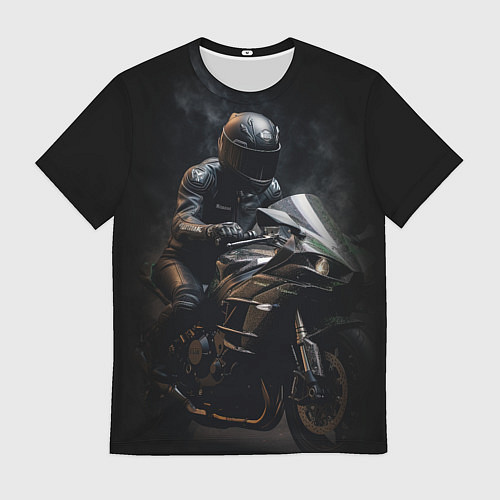 Мужская футболка Мотоциклист на спортивном байке черный фон / 3D-принт – фото 1