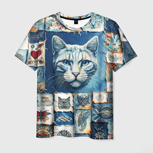 Мужская футболка Кошка на дениме - пэчворк / 3D-принт – фото 1