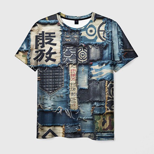 Мужская футболка Иероглифы на пэчворк дениме / 3D-принт – фото 1
