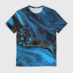 Футболка мужская Черные и синие сияющие волны, цвет: 3D-принт