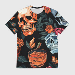 Мужская футболка Кусты черепов с розами и пионами