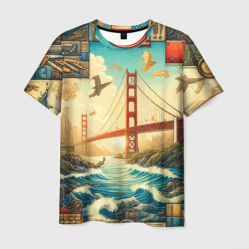 Мужская футболка Мост через реку и пэчворк - нейросеть арт USA brid / 3D-принт – фото 1