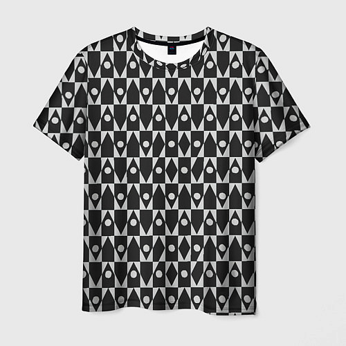 Мужская футболка Чёрно-белые ромбы и круги на чёрном фоне / 3D-принт – фото 1
