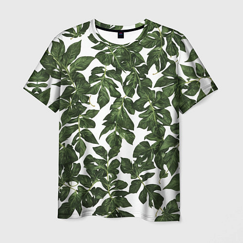 Мужская футболка Зеленые листочки на белом фоне / 3D-принт – фото 1