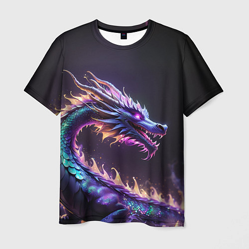 Мужская футболка Неоновый сиреневый дракон на черном фоне / 3D-принт – фото 1