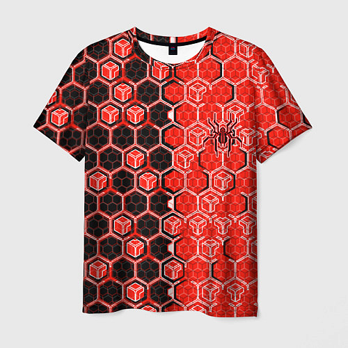 Мужская футболка Техно-киберпанк шестиугольники красный и чёрный с / 3D-принт – фото 1