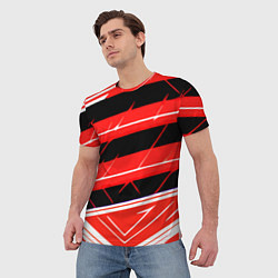 Футболка мужская Чёрно-белые полосы на красном фоне, цвет: 3D-принт — фото 2