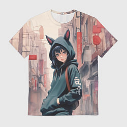 Футболка мужская Девушка в худи с ушками, цвет: 3D-принт