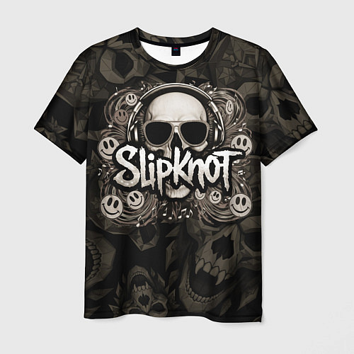 Мужская футболка Slipknot на фоне черепа в очках и наушниках / 3D-принт – фото 1
