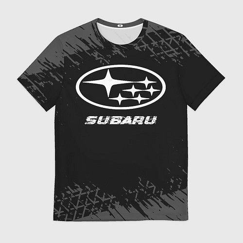 Мужская футболка Subaru speed на темном фоне со следами шин / 3D-принт – фото 1