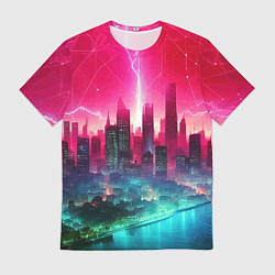 Мужская футболка Неоновая гроза в мегаполисе - удар молнии