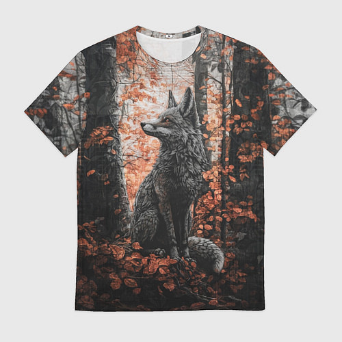 Мужская футболка Серый лис в лесной чаще / 3D-принт – фото 1
