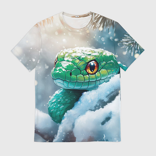 Мужская футболка Зеленая змейка на заснеженной ветке / 3D-принт – фото 1