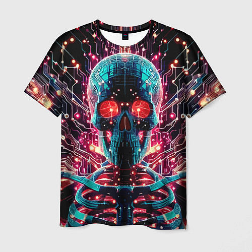 Мужская футболка Neon cyber skull - ai art fantasy / 3D-принт – фото 1