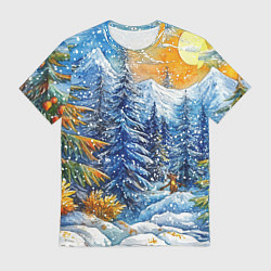 Мужская футболка Новогодние елки в лесу масляные краски