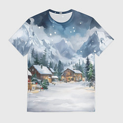 Мужская футболка Новый год - домики в горах