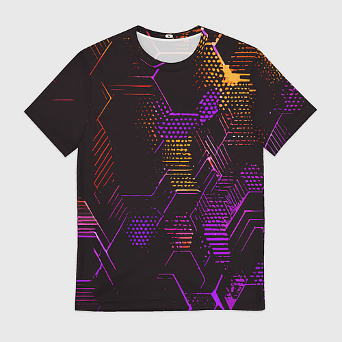 Мужская футболка Жёлто-фиолетовые точки и линии на чёрном фоне / 3D-принт – фото 1