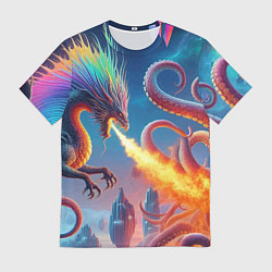 Мужская футболка Огнедышащий дракон против осьминога - нейроарт фан