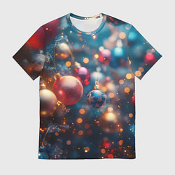 Мужская футболка Красные и синие шары на фоне елки