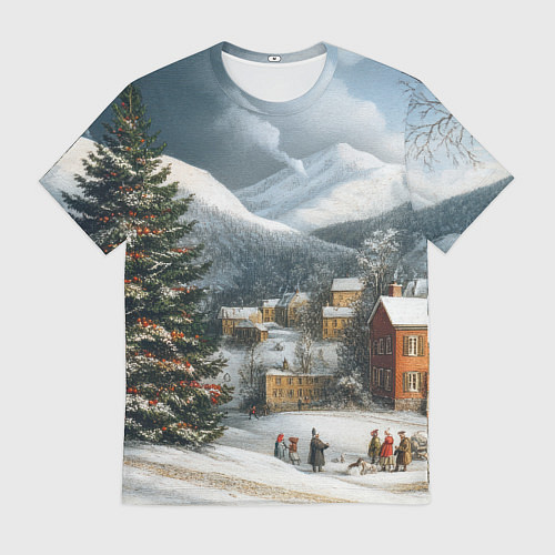 Мужская футболка Новогодняя огромная елка и маленькие домики / 3D-принт – фото 1