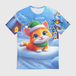 Футболка мужская Новогодний котенок в зеленой шапочке, цвет: 3D-принт