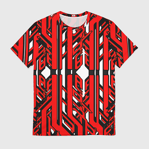 Мужская футболка Чёрно-красные техно полосы на белом фоне / 3D-принт – фото 1