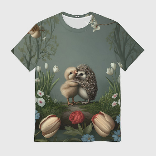 Мужская футболка Ежик и цыпленок обнимаются / 3D-принт – фото 1