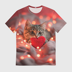 Футболка мужская Кошечка с сердечком и с гирляндой, цвет: 3D-принт