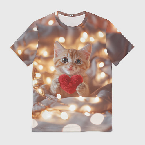 Мужская футболка Кошечка держит в лапках сердечко / 3D-принт – фото 1