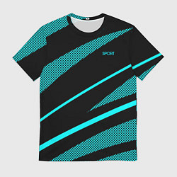 Мужская футболка Sport чёрный и неоновый голубой абстракция с полос