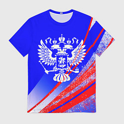 Мужская футболка Герб России на фоне цветов флага синий