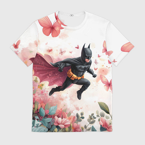 Мужская футболка Бэтмен прыгает над цветами и бабочками / 3D-принт – фото 1